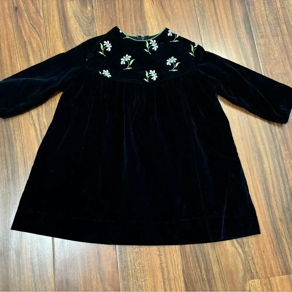 Patty Dee Vintage black velvet embroidered flower long sleeve dress